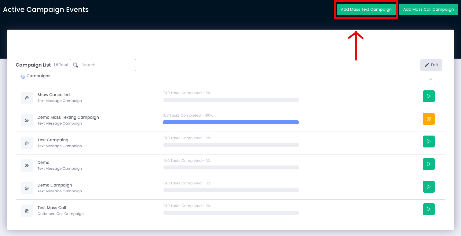 7. Navigate back to Scheduled Campaigns and click the green play button to activate