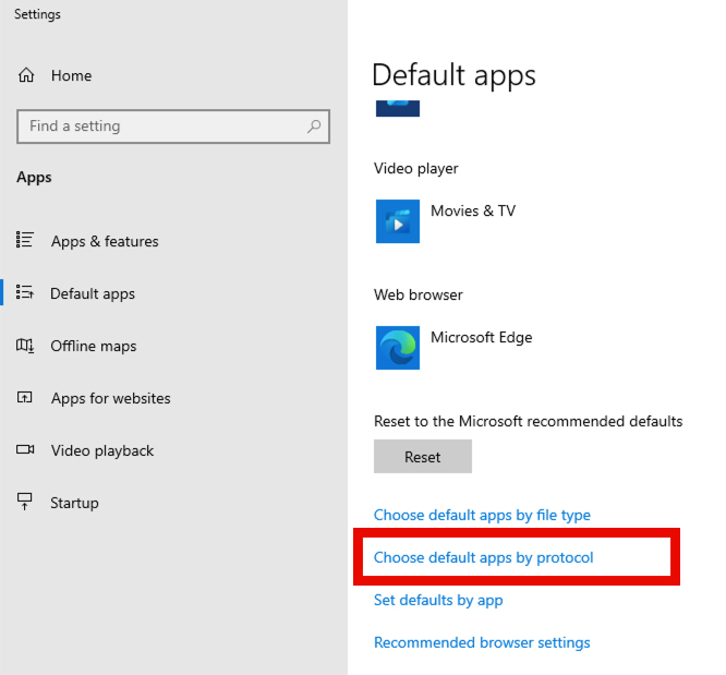 21. Scroll down and click on Default apps by protocol.