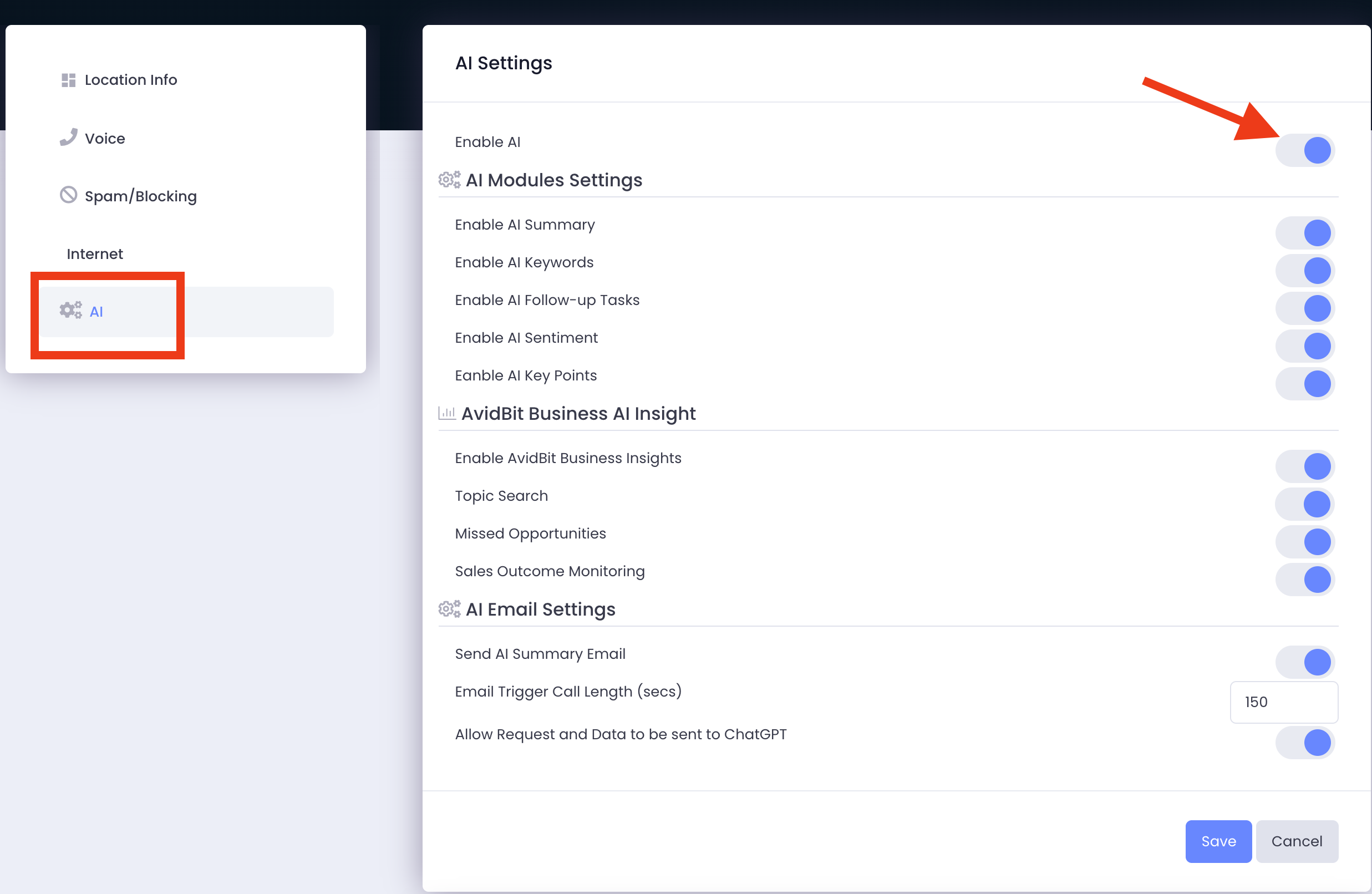 AI Settings are found under Settings -> Locations -> Your location -> AI