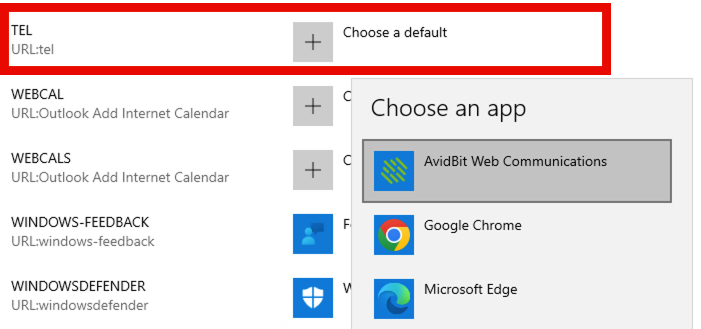 22. Scroll down until you see TEL. There should be no app next to TEL. Click and select AvidBit.